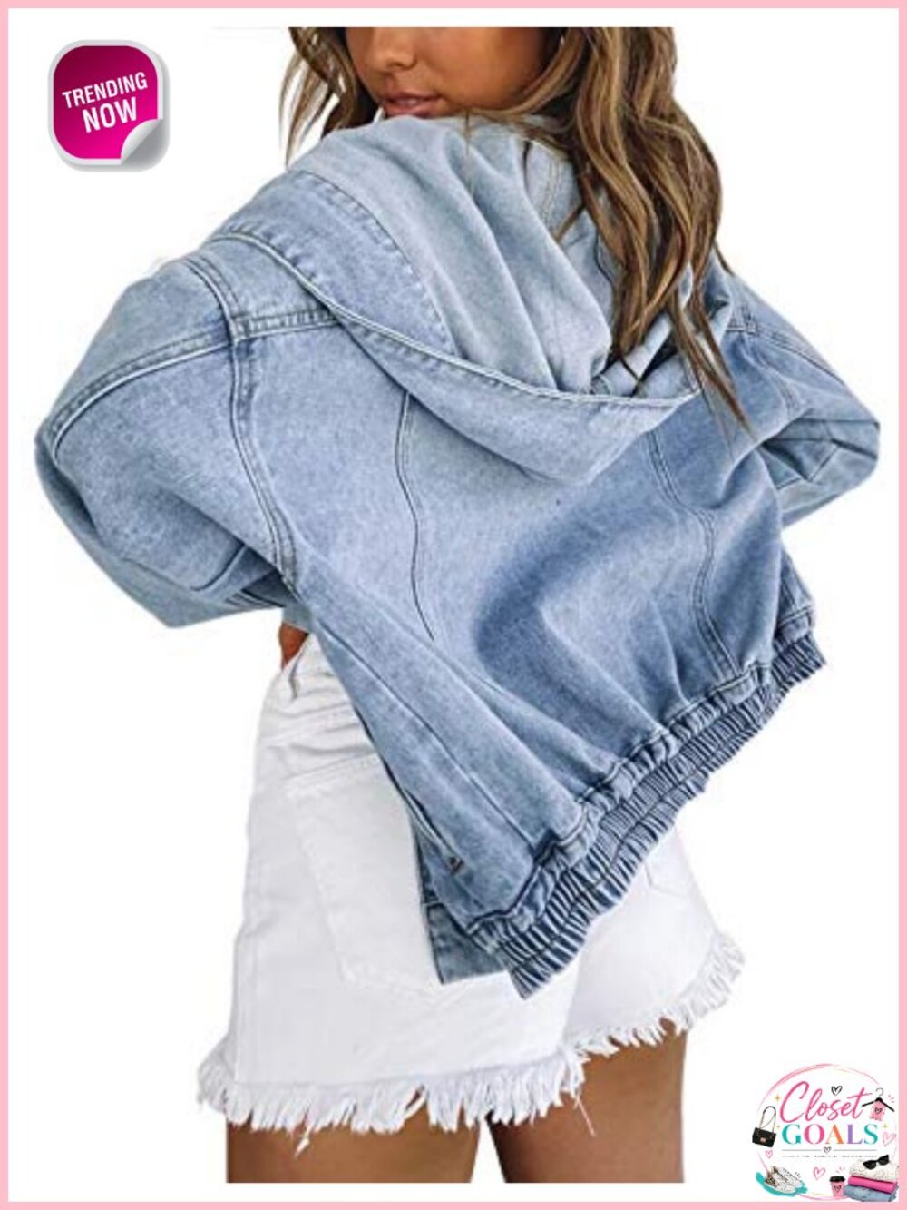 Oversized Denim Jacket Hooded Button Up Front Pockets Elastic Waist